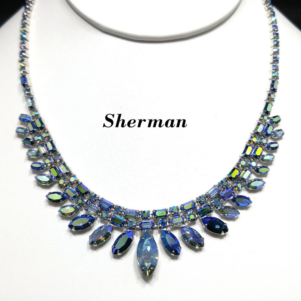 Sherman 1950s–60s Blue Aurora Borealis Rhinestone Necklace